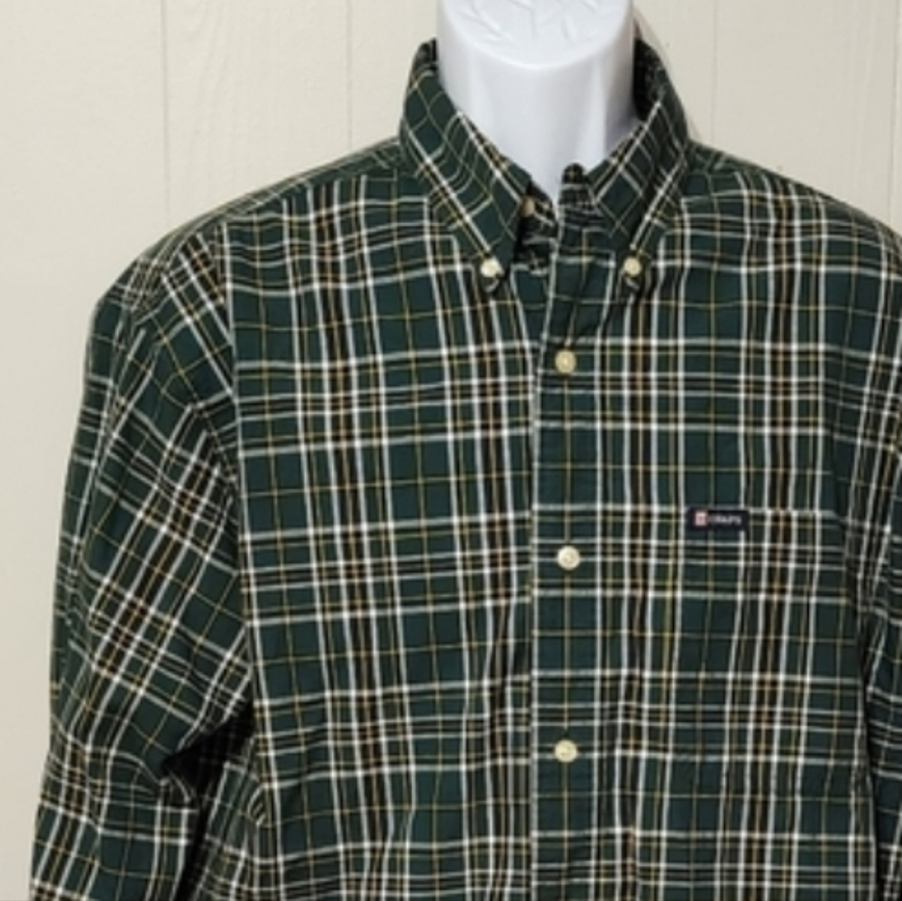 Chaps Easy Care Button Front Shirt Medium Men's Long Sleeve Plaid Green‎ A907